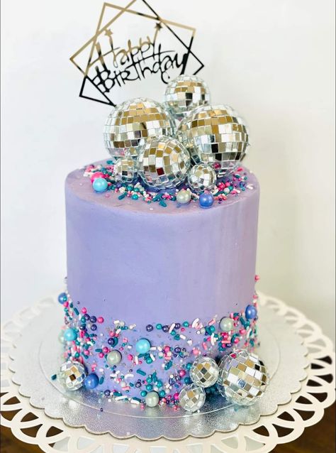 Disco Ball Birthday Cake Ideas, Disco Smiley Birthday, Space Disco Birthday Party, Bejeweled Birthday Cake, Purple Disco Ball Cake, Neon Disco Birthday Cake, Simple Taylor Swift Birthday Cake, Mirror Ball Birthday Cake, Birthday Cake With Disco Ball