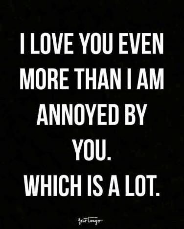 I love you even more than I am annoyed by you. Which is a lot. Funny Couple Quotes, Cute Funny Love Quotes, Love Quotes For Him Funny, Silly Love Quotes, Love Quotes For Him Deep, Husband Quotes Funny, Marriage Quotes Funny, Silly Love, Couple Quotes Funny