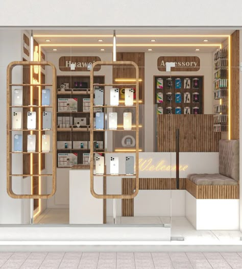 Mobile Shop Design Interior 3d, Mobile Shop Design Interior, Pharmacy Store Design Interiors, Toko Hp, Mobile Shop Design, Mall Kiosk, Pharmacy Store, Wood Interior Design, Ceiling Design Modern