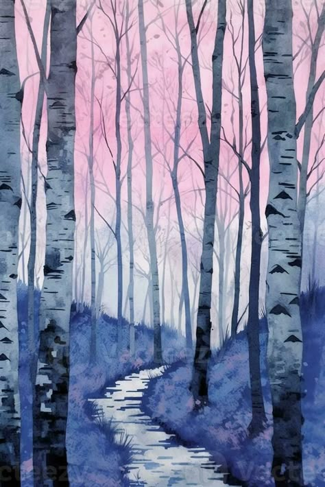 Simple Birch Tree Painting, Birch Tree Art Watercolor, Snowy Birch Trees, Birch Tree Art Project, Tree In Winter Drawing, Abstract Birch Trees, White Birch Trees Painting, Birch Trees In Snow, Easy Birch Tree Painting