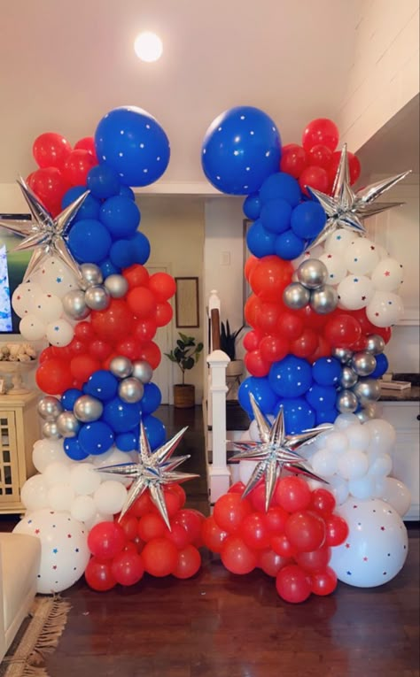 Fourth Of July Balloon Column, 4th Of July Balloons Decoration, Red White And Blue Formal Decorations, 4th Of July Party Backdrop, 4th Of July Party Balloon Arch, Fourth Of July Party Decorations Outdoor, 4th Of July Balloon Decor, July 4th Backdrop, 4th Of July Balloon Columns