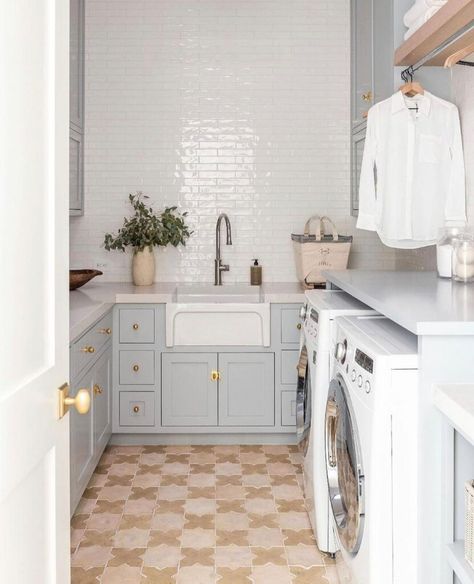 Mcgee Laundry Room, Laundry Room Flooring, Mixing Metals, Laundry Room Inspiration, Blue Kitchen, Laundry Mud Room, Tile Flooring, Laundry Room Makeover, Laundry Room Organization