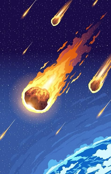 Meteorites Entering Earth Atmosphere Earth Mural Painting, How To Draw The Earth, Meteorite Drawing, Meteor Drawing, Meteor Illustration, Comet Drawing, Earth Art Drawing, Atmosphere Drawing, Earth On Fire