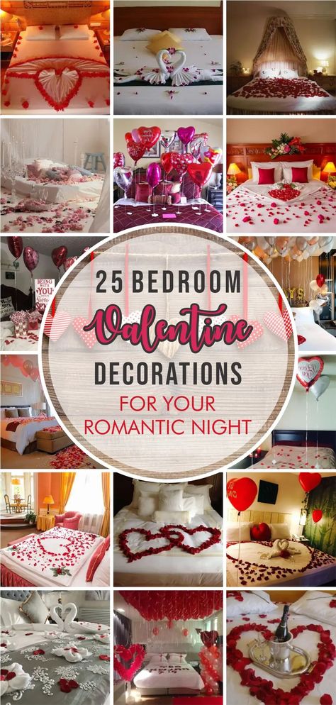 25 Bedroom Valentine Decorations for Your Romantic Night - Matchness.com Romantic Bedroom Set Up, Romantic Bedroom Ideas Suprise, Romantic Night Decorating Ideas, Hotel Room Design For Girlfriend Birthday, Romantic Room Set Up, Bedroom Proposal Ideas, Romantic Bedroom Ideas For Couples Love, Romantic Decorating Ideas For Him, Romantic Birthday Decorations