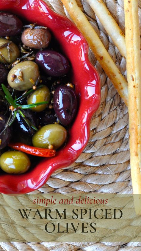 A small red ceramic dish is filled with Warm Spiced Olives and topped with toasted spices beside several crisp breadsticks on a rope placemat. Pre Dinner Nibbles, Spiced Olives, Party Snack, Coriander Seeds, Fennel Seeds, Vegan Paleo, Party Snacks, Fennel, Relish