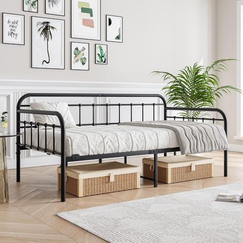 Amazon.com: JURMERRY Metal Daybed Frame Twin Size with Steel Slats Platform Furniture,Black… : Home & Kitchen Platform Furniture, Day Bed Frame, Daybed Frame, Beds For Small Rooms, Size Sofa, Metal Daybed, Space Saving Beds, Black Bedroom Furniture, Furniture Black