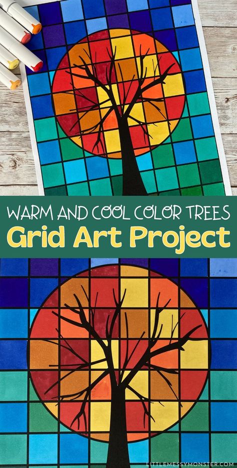 Warm and cool colors in art tree art project. Grid art printable. Element Of Art Color Projects, Teaching Color Elementary Art, Color Theory Art Lessons Elementary, Warm And Cool Colors Art Lesson For Kids, 3rd Grade Color Theory Art Projects, Tree Art Project, Forest Therapy, Elements Of Art Color, Cute Art Projects