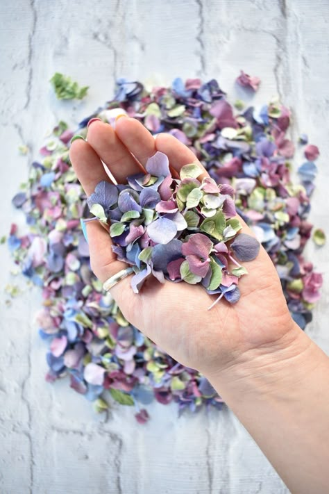 Lilac Pink Green Natural Confetti Natural Confetti Ideas, Natural Confetti Wedding, Diy Flower Confetti, Lilac And Forest Green Wedding, Nature Confetti, Hydrangea Confetti, Lilac And Green Wedding, Lavender Confetti, Purple Wedding Decor