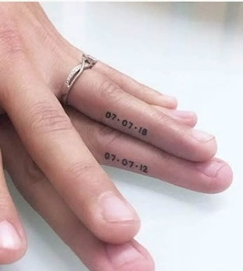 43 Wedding Ring Tattoos To Honor True Love - Our Mindful Life Men Wedding Tattoo, Name On Ring Finger Tattoo, Wedding Anniversary Tattoo Ideas, Marriage Tattoos Ring Finger, Partner Tattoos Couples, Last Name Tattoo For Women, Couple Ring Finger Tattoos, Tatoo Ring, Wedding Date Tattoos