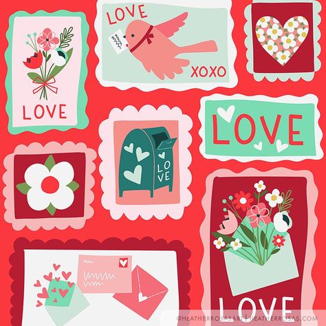 Retro Valentine Cards, Greetings Card Design, Illustration Career, Valentine's Day Aesthetic, Valentine Stamps, Valentine's Day Illustration, Valentines Illustration, Greeting Card Art, Valentine Postcards