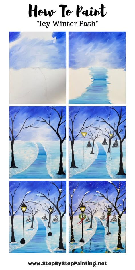 Art Winter Painting, Winter Value Art Projects, Winter Art Projects Adults, Paintings For Classrooms, Step By Step Painting Winter, How To Draw A Winter Scene, Christmas Winter Painting, Christmas Painting Projects, Paint Winter Scenes