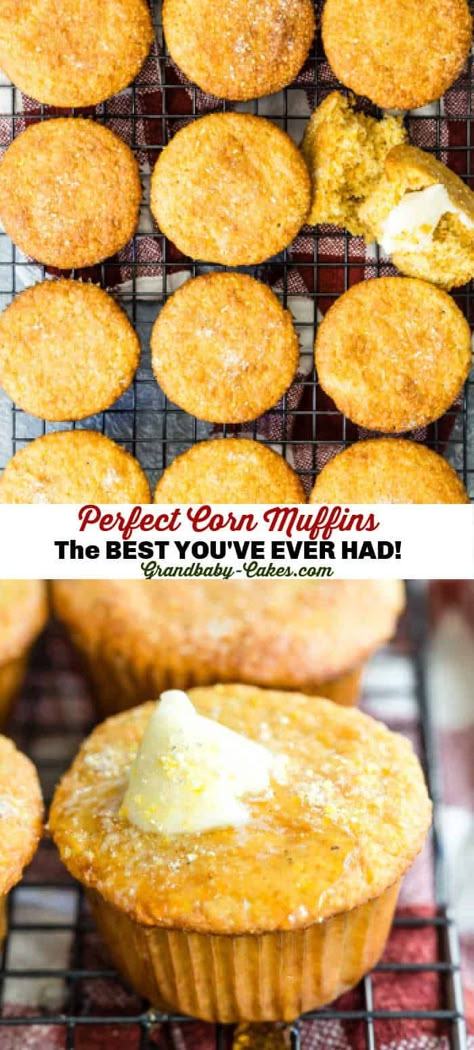 Corn Muffin Recipe - These moist, sweet and perfect corn muffins are way better than any box mix! Drop the box and make them from scratch!! #cornmuffins #muffins #cornbread #bread Moist Corn Muffins, Moist Cornbread Muffins, Corn Muffin Recipe, Homemade Corn Muffins, Sweet Corn Muffins, Sweet Cornbread Muffins, Savory Butter, Cheesy Cornbread, Cornbread Muffins Recipe