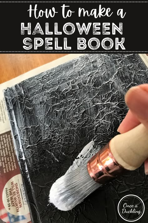 I had SO much fun making these DIY Halloween spell books for my Halloween decor! A great upcycling budget project using an old book, or a sketch book if you want to be able to use it to store your recipes. They're guaranteed to be a talking point at your Halloween party! Witches Books Diy, Spooky Halloween Books Diy, Spell Book Decoration, How To Make Spell Books, Halloween Decor Boxes Diy, Diy Witches Spell Book, Diy Witch Spell Book, Spell Books Diy How To Make, Apothecary Halloween Decor Diy