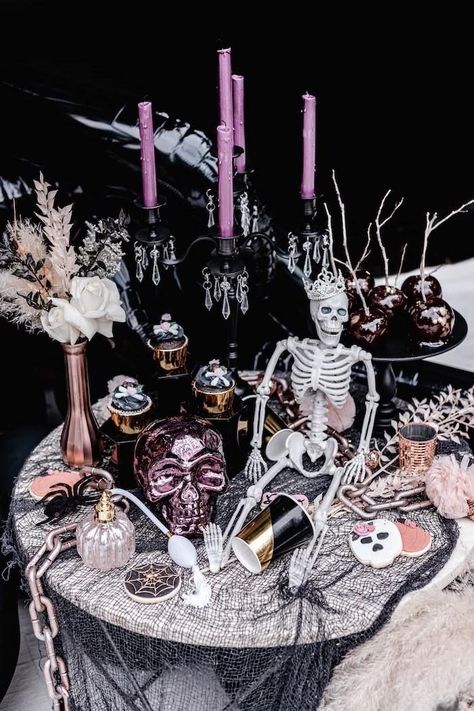 Halloween Dessert Table from a Glam Creepy Halloween Party on Kara's Party Ideas | KarasPartyIdeas.com Skull Party Ideas, Black Silver Purple Halloween Party, Glam Creepy Halloween Party, Barbie Halloween Party Ideas, Barbie Halloween Party Decorations, Witch Halloween Party Ideas, Barbie Halloween Decor, Barbie Halloween Party, Themed Halloween Party Ideas