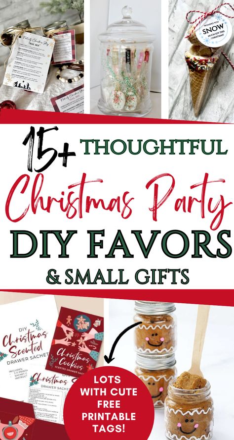 If you want your guests to leave with a small gift or token of thanks, you'll love these Christmas party favors! These easy small gifts are thoughtful & many include cute free printable tags, and there are lots of DIY options for food and non-food gifts! These favors also make great gifts for neighbors, friends, coworkers, teachers, service workers, and more! Tiny Christmas Gifts Diy, Small Gifts For Staff Christmas, Stocking Stuffer Ideas For Office, Xmas Gifts For Neighbors Friends, Cute Bulk Christmas Gifts, Diy Christmas Gifts For Staff, Cute Friend Christmas Gifts Cheap, Nail Polish Christmas Gift, Diy Christmas Goodie Bags For Coworkers