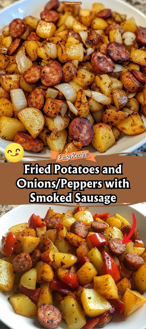 Fried Potatoes and Onions/Peppers with Smoked Sausage Sausage Pepper Onion Potato Bake, Sausage Potato And Peppers, Fried Potatoes And Onions And Peppers, Smoked Sausage And Peppers Recipes, Potatoes Bell Peppers Onions, Sausage Potatoes Peppers And Onions, Sausage Egg And Potato Skillet, Sausage Potato Onion Skillet, Fried Potatoes And Smoked Sausage