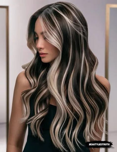 Gothic Balayage Hair, Long Haircut Color Ideas, Brown And Platinum Hair Highlights, Hairstyles For Highlighted Hair, Brunette With Blonde Halo, Dark Brown With Blonde Highlights Short, Platinum Highlights Brown Hair, Champagne Blonde Highlights On Dark Hair, White Blonde Balayage On Brown Hair