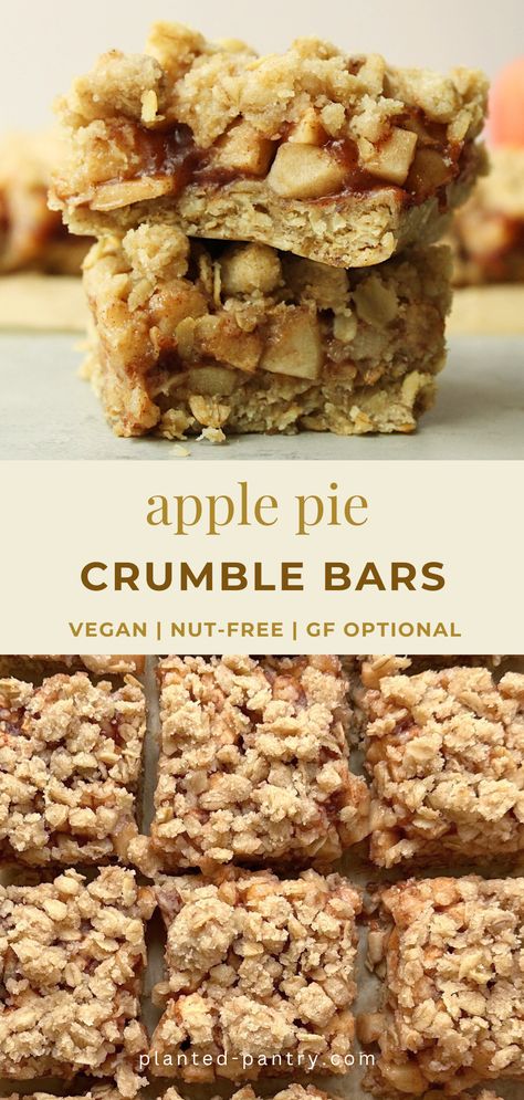 These vegan Apple Pie Crumble Bars combine an oatmeal cookie base and crisp, juicy apples, with a crunchy oat crumb for the perfect sweet Fall treat. Gluten Free Apple Pie Crumble, Oat Flour Crust, Apple Pie Crumble, Apple Crumble Bars, Accidentally Vegan, Gluten Free Apple Pie, Oat Crumble Topping, Healthy Apple Crumble, Healthy Apple Pie