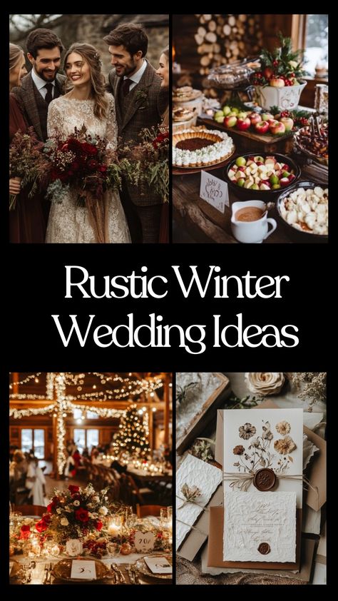 Rustic winter wedding venue with twinkling lights, sage green accents, and cozy decor. Rustic December Wedding Ideas, Pine Winter Wedding Centerpieces, Simple Winter Wedding Ideas, Small Cozy Wedding Ideas, Winter Wedding Not Christmas, Winter Wedding Uk, Winter Wedding New England, Rustic Winter Wedding Bouquet, Rustic Mountain Wedding Decor