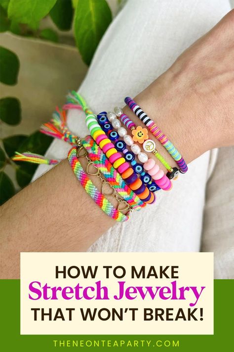 Save this step-by-step guide to make stretch bead bracelets and stretch bead necklaces that won't break. Arm Party Bracelets, Strong Knots, Cowrie Shell Jewelry, Bead Stopper, Making Bracelets With Beads, How To Make Tassels, Bracelet Knots, Beading Needles, Headband Pattern