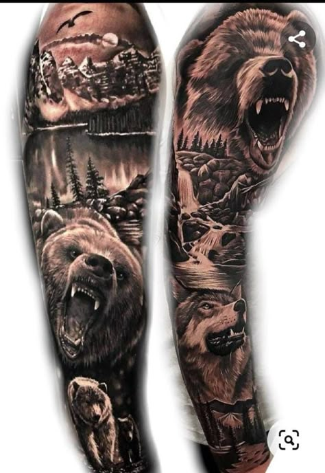 Bear Tattoos For Men Shoulder, Bear Tattoos Sleeve, Wildlife Sleeve Tattoos For Guys, Bear Tattoo Sleeve For Men, Animal Leg Sleeve Tattoo Men Full, Animal Tattoos For Men Leg, Bear And Forest Tattoo, Animal Full Sleeve Tattoo, Wild Life Tattoos For Men