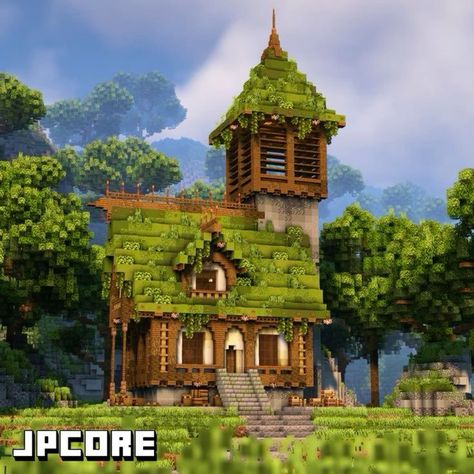 Overgrown Library Minecraft, Jungle Homes Minecraft, Cool House Ideas Minecraft, Minecraft Houses Green, Minecraft Grass Roof, Elven Minecraft House, Minecraft Jungle House Easy, World Spawn Ideas Minecraft, Minecraft Building Ideas Green House