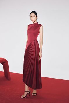 Kei Clothing, Tafta Dress, Pleated Red Dress, Mean Blvd, Boat Neckline, Formal Attire, Dress Material, Classy Dress, Fancy Dresses