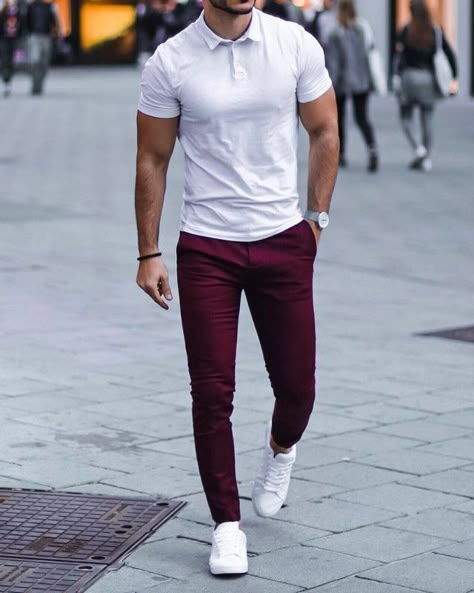 Polo and trousers combo men. Burgundy Pants Men, Red Trousers Outfit, Burgundy Pants Outfit, Maroon Pants Outfit, Chinos Men Outfit, Trousers Outfit Men, Polo Shirt Outfit Men, Grey Pants Men, Maroon Outfit