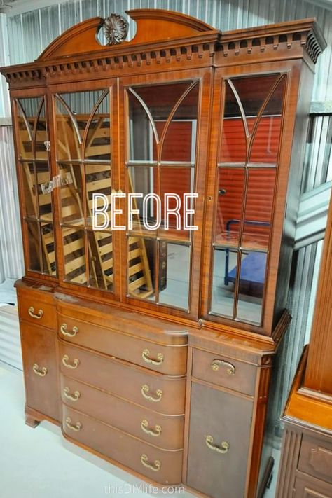 I'm so excited about this DIY Apothecary Cabinet Inspired old hutch makeover! It has given us so much more storage in our dining room and it looks so good. And it was cheap to make - we spent about $160 for this makeover - including the old hutch AND the apothecary drawer pulls! Made Over China Cabinets, Hutch Bar Ideas, Diy China Cabinet Makeover, Hutch In Kitchen, Diy Apothecary Cabinet, Farmhouse Hutch Makeover, Jean Blanket, Ikea Window Seat, China Hutch Makeover