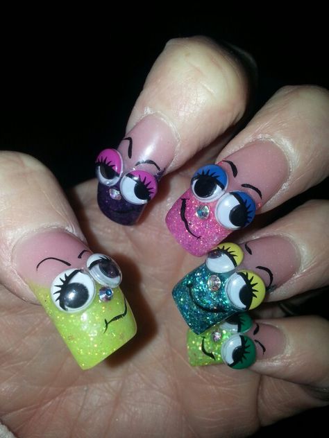 My funny face nails Coffin Spring Nails, Spring Nails Gel, Spring Nails Coffin, Bad Nails, Crazy Nail Designs, Really Cute Nails, Crazy Nails, Nails Blue, Nails Spring