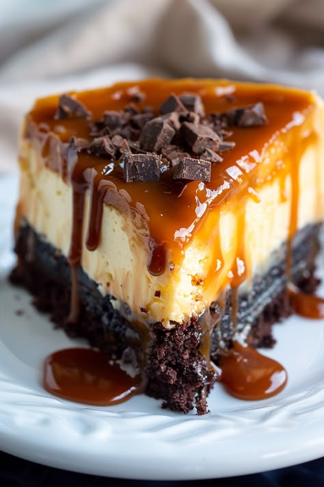 Caramel Brownie Cheesecake, Brownie Cheesecake Recipe, Magical Food, Brownie Cheesecake, Caramel Desserts, Fudgy Brownie, Relish Recipes, Egg Cake, Classic Cheesecake