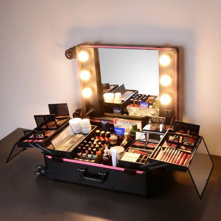 AW 6 LEDs Rolling Makeup Case Trolley on Wheels Lockable Studio Artist Cosmetic Travel Black - Walmart.com Curl Wand, Makeup Suitcase, Rolling Makeup Case, Cosmetic Train Case, Travel Vanity, Makeup Cases, Alat Makeup, Studio Makeup, Makeup Station