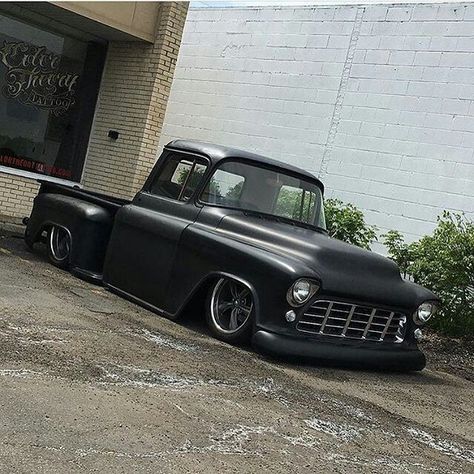 1955-56 Chevy Truck Lowered Trucks Chevy, 1957 Chevy Truck, 55 Chevy Truck, 57 Chevy Trucks, Pro Touring Cars, Chevy Apache, Trucks Chevy, Black Truck, Lowered Trucks