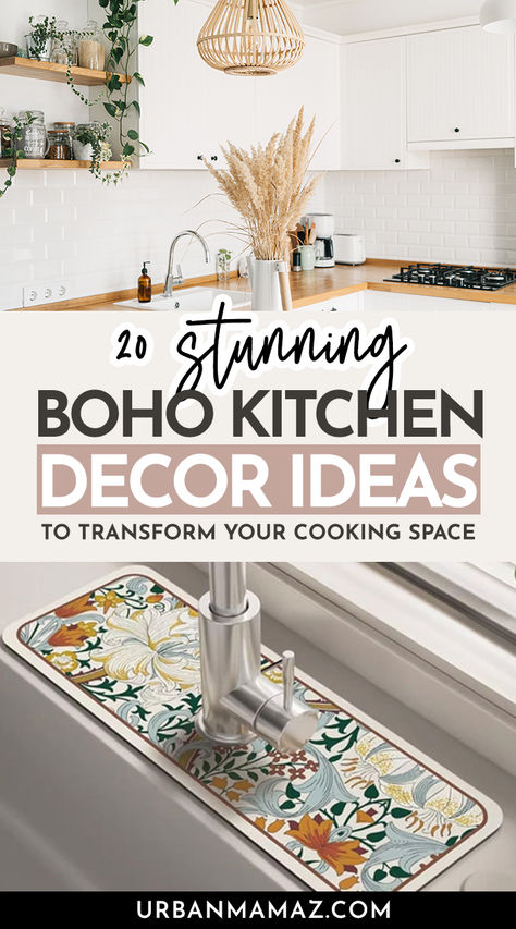 Boho Kitchen Decor Ideas Diy Boho Kitchen Cabinets, Boho Kitchen Accent Wall, Kitchen Hanging Decor, Kitchen Inspo Boho, Boho Kitchen Wall Decor, Modern Boho Kitchen Decor, Small Boho Kitchen, Boho Modern Kitchen, Boho Farmhouse Kitchen