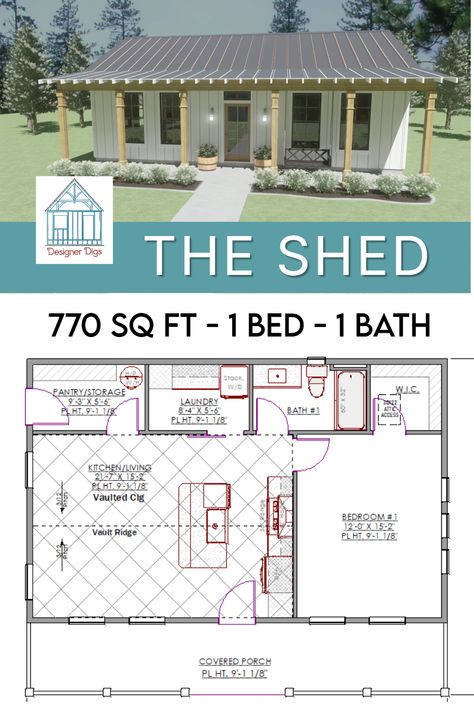 tiny home guest house with full porch, 1 bedroom, laundry room, pantry and kitchen island, stained cabinets with walk in closet and white farmhouse exterior with exposed rafters and porch swing One Room Guest House, 700 Sqft House Floor Plans, In Law Tiny House, Large Shed House Floor Plans, Open Floor Plan Tiny House, One Bedroom Floor Plans Open Concept, Small Inlaws House, One Bedroom Adu, Small Mother In Law Suite Addition