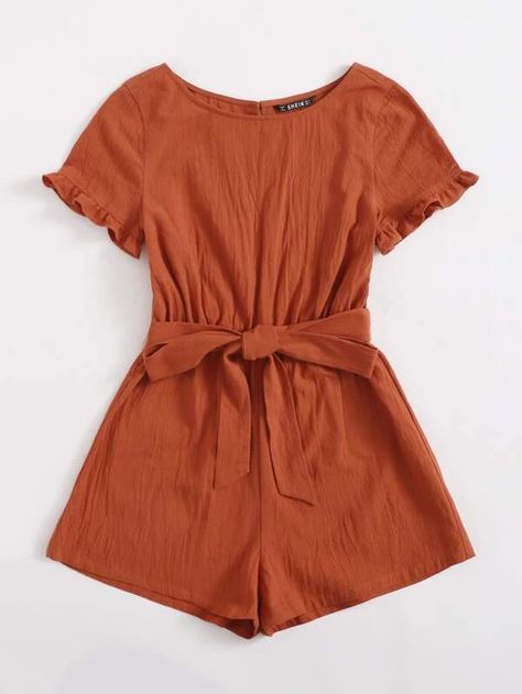 Ruffle Trim Split Back Self Belted Romper | SHEIN USA Comfy Jumpsuits, Belted Romper, Cute Rompers, Round Neck Dresses, Really Cute Outfits, Cute Summer Outfits, Girls Fashion Clothes, Teen Fashion Outfits, Rompers Women