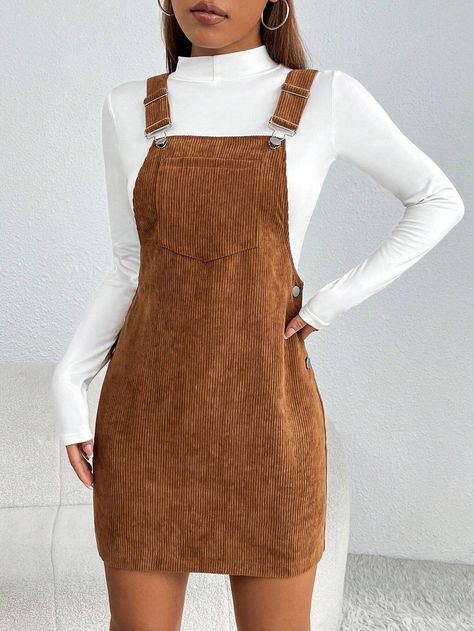 SHEIN PETITE Patched Pocket Cord Overall Dress Without Tee | SHEIN USA Pocket Design Fashion, Frozen Jr, Kaia Gerber Style, Corduroy Pinafore, Chic Dress Classy, Shorts Outfits Women, Mini Robes, Corduroy Dress, Overall Dress