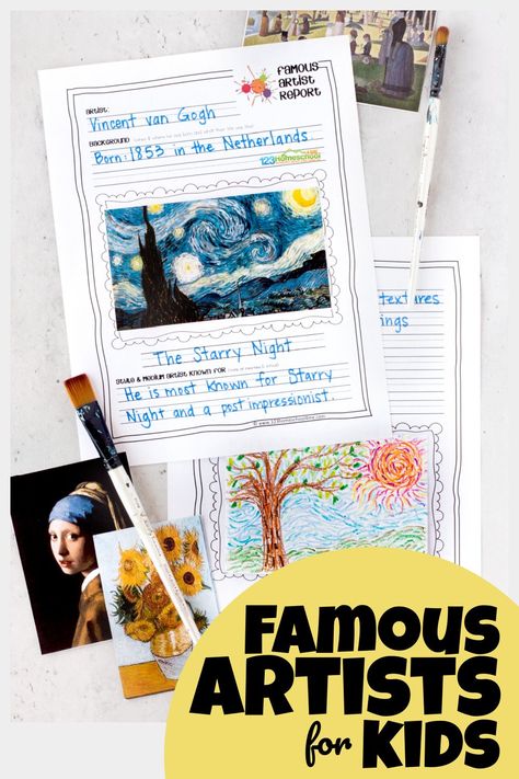 Are you teaching your children about famous artists for kids? Helping kids learn to appreciate art and different techniques is such a great activity. Whether you are studying monet, van gogh, picasso, mondrian, or one of the other many popular artists - these artist report pages are a great way for kids to remember what they learn. Use these famous artists worksheets with kindergarten, first graders, 2nd graders, 3rd graders, 4th grader, 5th graders, 6th graders, 7th graders, and 8th graders. Impressionism Art Projects, Famous Artists For Kids, Paper Flower Wall Hanging, Summer Learning, Homeschool Art, Artists For Kids, Paper Flower Wall, Impressionism Art, Popular Artists