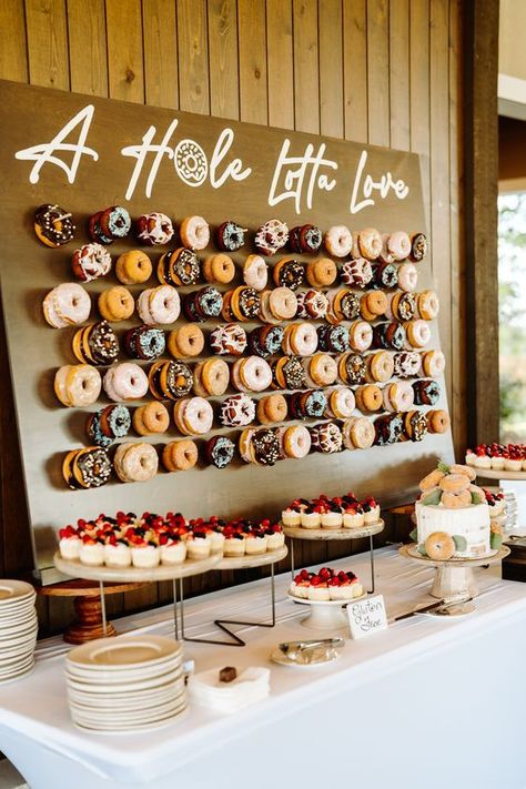 Donut Board Wedding Display, Wedding Doughnuts Display, Donut Cake For Wedding, Wedding Cakes With Donuts On Top, Ideas For A Dessert Table, Donut Bar At Wedding, Donut Board For Wedding, Donut Peg Board Wedding, Alternatives To Cake Wedding