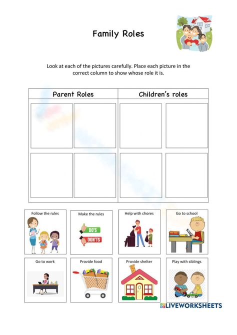 Family Roles Worksheet, Evs Tlm, Family Roles, Family Worksheet, Family Rules, Matching Activity, Class Activities, Spanish Class, Future Classroom