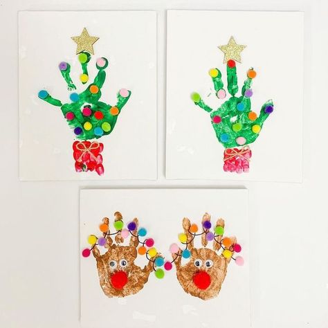 Two to Love - DIY Learning | Sensory | Crafts for Kids on Instagram: "🎄 Festive Hands ✋🏼 🙋🏻‍♀️ Who’s excited for the holidays? Save this post to remember these cute handprint crafts for holiday time!❤️🎄 We did this fun project last year and we used stretched canvases so we can have lovely pieces of handprint keepsakes to hang after. Supplies: 🖼 @dollartree stretched canvases 🎨 Tempera paints 🖌 Paint brush 🎨 @target Painting trays 🌈 Pom-poms 👀 Googly eyes ⭐️ Star sticker 🎀 Yarn ✍️ Bla Sensory Crafts For Kids, Kids Christmas Painting, Baby Christmas Crafts, Handprint Christmas Tree, Christmas Handprint Crafts, Christmas Diy Kids, Handprint Christmas, Sensory Crafts, Christmas Cards Kids