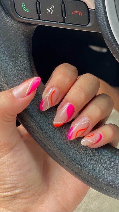 Hot Pink And Orange Almond Nails, Bright Nails Almond Shape, Dominican Republic Nails, Summer Nails Pink And Orange, Unghie Sfumate, Kutek Disney, Summery Nails, Simple Acrylic Nails, Casual Nails