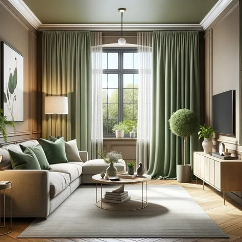 17 Stunning Curtain Colors for the Perfect Taupe Wall Pairing Green Curtains Living Room Ideas, Curtain Styles Living Room, Green And Beige Living Room, Green Curtains Living Room, Beige Sofa Living Room, Olive Green Curtains, Sage Green Curtains, Sage Living Room, Khaki Walls