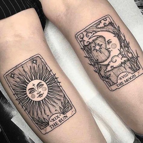 Tarot Plays Its Hand with the Sun and Moon Sun And Moon Tattoos, Infected Tattoo, Tarot Card Tattoo, Sun And Moon Tattoo, Tarot Tattoo, Moon Tattoos, Lip Tattoos, Card Tattoo, Matching Tattoo