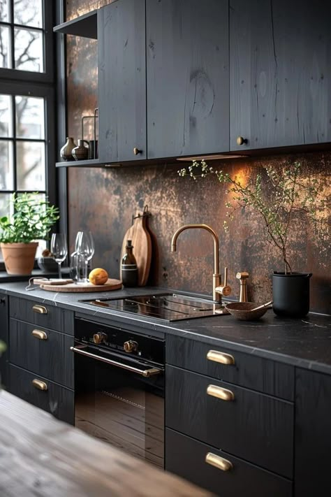 Kitchen Backsplash Trends, Backsplash Trends, Moody Kitchen, Cabin Kitchen, Dark Kitchen, Mid Century Modern Kitchen, Scandinavian Kitchen, Black Cabinets, Kitchen Inspiration Design