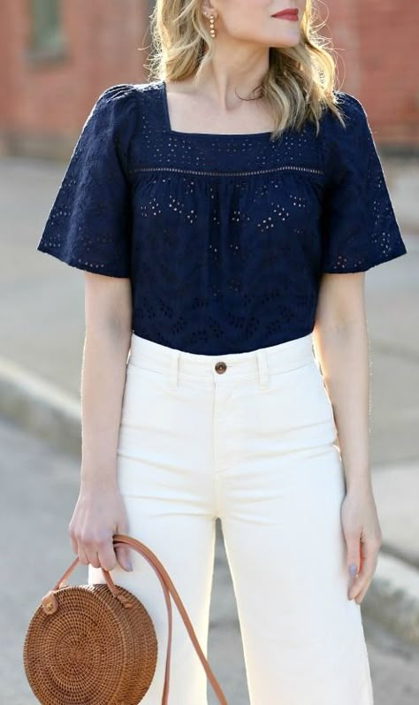 Eyelet Top Outfit, Navy Blue Shirt Outfit, Blue Blouse Outfit, Lace Shirt Outfit, Blue Top Outfit, Blouse Outfit Casual, Penny Pincher Fashion, Cotton Lace Tops, Cute White Tops