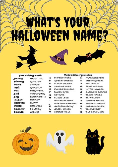 Halloween Name Generator, What Is Your Halloween Name, Good Things To Do At A Sleepover, What’s Your Halloween Name, What’s Your Name, Halloween Party Game Ideas For Adults, Easy Halloween Party Decorations, Halloween Party Games For Teens, Halloween Party Names