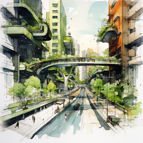 Urban Design Aesthetic, New Urbanism Architecture, Green Spaces In Cities, Green Urban Aesthetic, Sustainable Urban Planning, Urban City Sketch, Sustainable City Drawing, Future Cities Drawing, Eco City Design