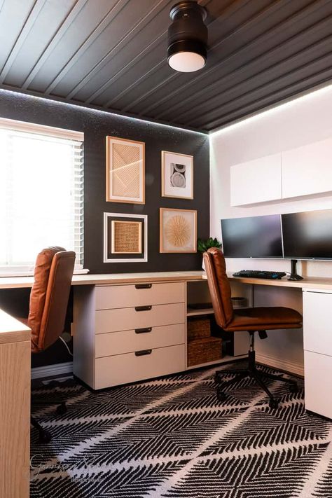 DIY Small Home Office for Two an IKEA Desk Hack | ©GarrisonStreetDesignStudio | DIY | Desk | Small Home Office | For Two | IKEA Desk Hack | IKEA Galant | IKEA Office | Dual Home Office | Small | 10x10 | U Shaped | Two Person Desk | With Storage | His & Hers | Black and White | Wood | Double Office Ideas Layout | Dual Office Ideas Home | Double Home Office | Double Work Station| Home Office | Setup | Office for Two People | Setup | Floor Plan | Design | IKEA Desk DIY | IKEA Office Hack Home Office For Two People Ikea, L Shaped Double Desk, 2 Person Home Office Desks, Home Office With Multiple Desks, Small Office With Two Desks Layout, Small Office With 2 Desks Ideas, Architects Home Office, Couple Office Room, L Shaped Desk For 2 People