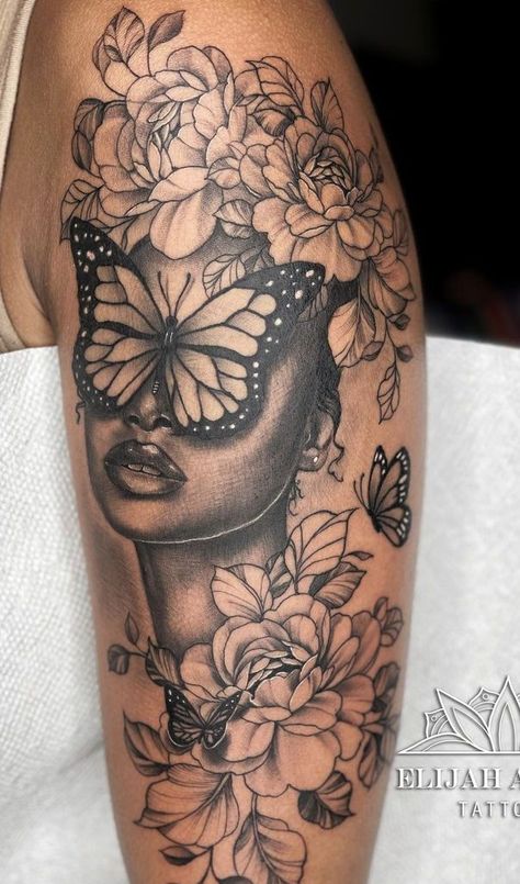 Butterfly Woman Tattoo, Butterfly Shoulder Tattoo, Butterfly Sleeve Tattoo, Tattoos Inspos, Leg Tats, Grandma Tattoos, Unique Half Sleeve Tattoos, Tattoos Forearm, Cute Thigh Tattoos